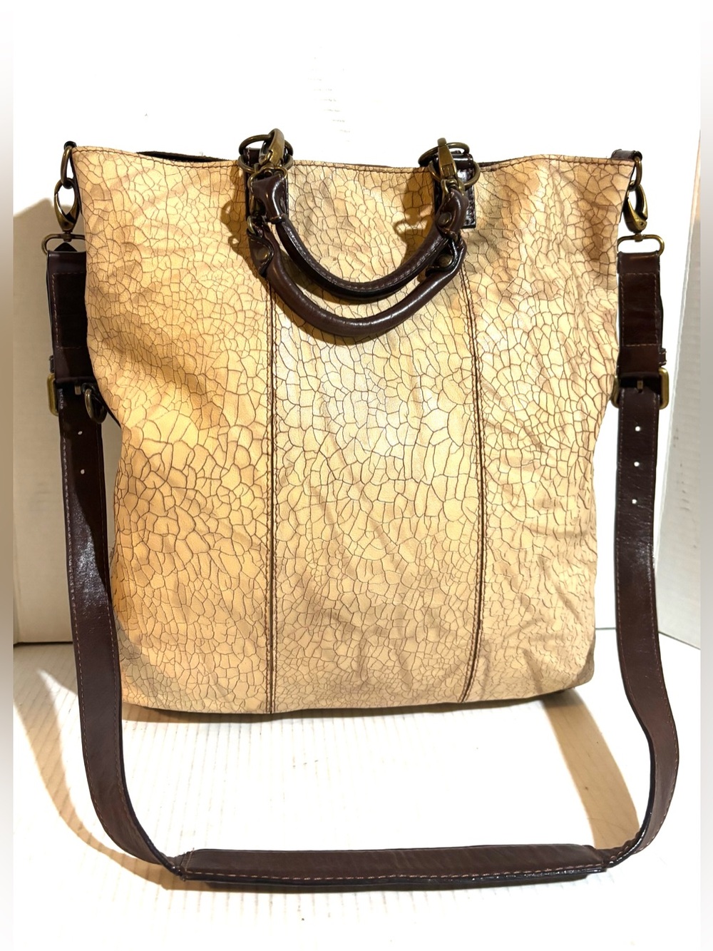 Beige Cracked-Texture Tote Bag leather with Dark Brown Trim